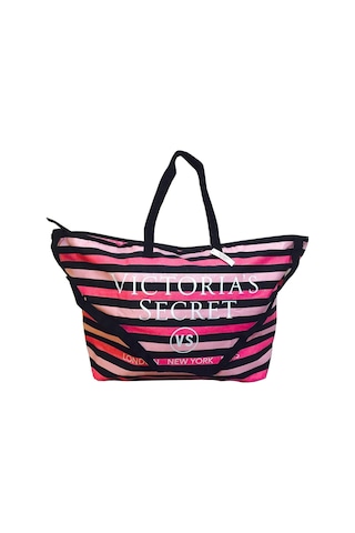 Victoria's Secret Vs Simli Siyah Pembe Çizgili Askılı Duffle Carryall Tote Siyah