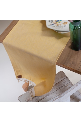 Vivamaison Sarı Düz Püsküllü Pamuk Kumaş 45X150 CM Runner