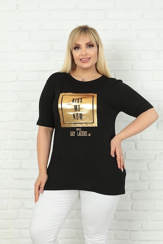 Modasehle Kadın Büyük Beden Varak Baskılı T-shirt Siyah Varak