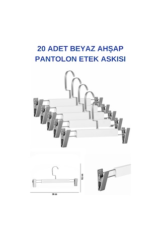 A Kalite 20 Adet Lamine Beyaz Ahşap Mandallı Pantolon Askısı Etek Beyaz