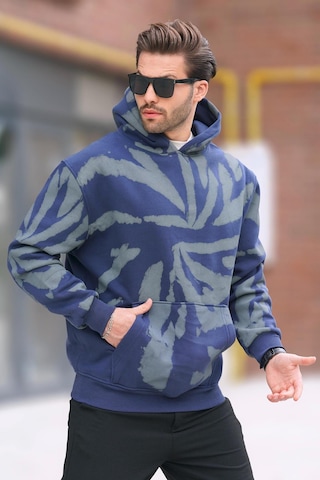 Madmext Lacivert Kapüşonlu Cep Detaylı Baskılı Erkek Sweatshirt 7087 Lacivert
