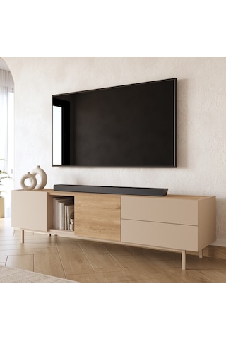 Robin Home Luka Tv Ünitesi Sehpası 2 Kapaklı 2 Geniş Çekmeceli Ahşap Ayaklı 180cm Kumsal-sepet Bej
