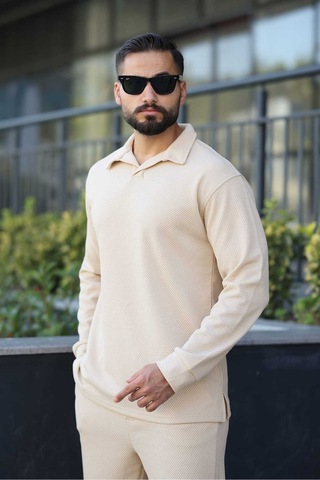 Mfz Giyim Petekli Alt Üst Pantolon Ve Patlı Yakalı Erkrk Sweat Takımı Bej