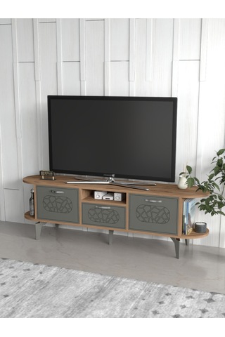 Tv Sehpası Tv Ünitesi Kapaklı Raflı Setro Traverten Çok Renkli