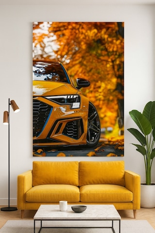 Sarı Spor Araba Ve Sonbahar Yaprakları Cam Tablo Modern Otomobil Sanatı