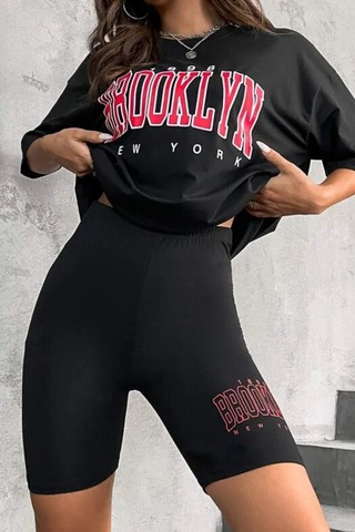 Modagen Kadın Oversize Siyah Brooklyn New York Baskılı Tshirt Tayt Takım Siyahk