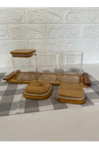 3 Lü Bambu Standlı Kare Kavanoz Seti Baharatlık Seti Baharatlık Bambu