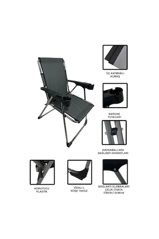 Metallica Concept Lüx Krom 2 Adet Kamp Sandalyesi Katlanır Üç Katlı Bardaklıklı Piknik Sandalysi 140 Kg Taşıma Kapasiteli Gri