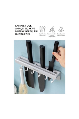 Kendinden Yapışkanlı Duvara Monte Bıçaklık Ve Mutfak Düzenleyici Organizer - Bıçak Yuvalı, 5 Kancalı Askı Aparatı Renkli
