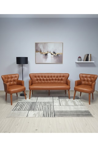 Azra Mobilya Taba Deri Chester Tarz Koltuk Takımı Modern Tasarım, Dayanıklı Ahşap Ayaklı Oturma Grubu 3+1+1 Taba