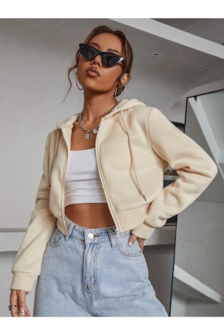 Kadın Kapüşonlu Fermuarlı Crop Hırka Sweatshirt -üç İplik Şardonlu