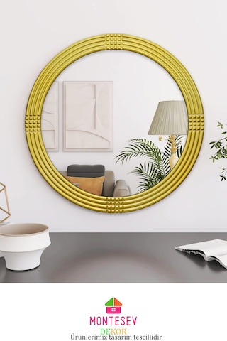 Safir Ahşap Gold Yuvarlak Ayna Işlemeli Duvar Banyo Aynası 43 Cm Gold