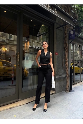 Defymoda Keten Duble Paça Deri Taba Kemerli Pantolon - Siyah Siyah