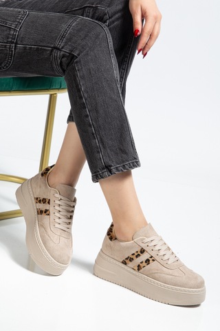 Bahrina Kadın Kalın Tabanlı Sneaker Bej Süet Leopar