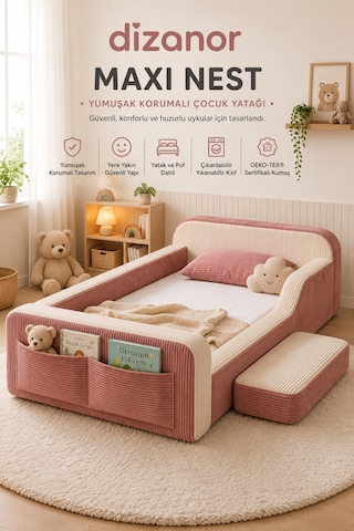 Dizanor Maxi Nest Tek Kısa Yan Kenarlı Montessori Yatak Seti - Pembe Fitilli 140 X 200