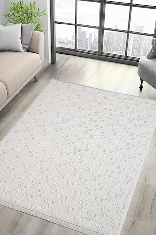Valeryhome Rayne Koleksiyonu Bukle Kabartmalı Rölyef Kaymaz Tabanlı Yıkanabilir Salon,mutfak,koridor Beyaz Beyaz