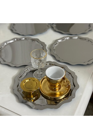 Paslanmaz Çelik Yuvarlak Dalgalı 6 Adet Sunum Tepsisi Gümüş