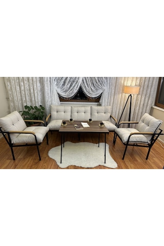 Modern Style Home Modern Kadıköy Balkon, Bahçe, Cafe - Metal Kanepe Koltuk Takımı - 3+1+1+masa Krem Modernk028 Krem