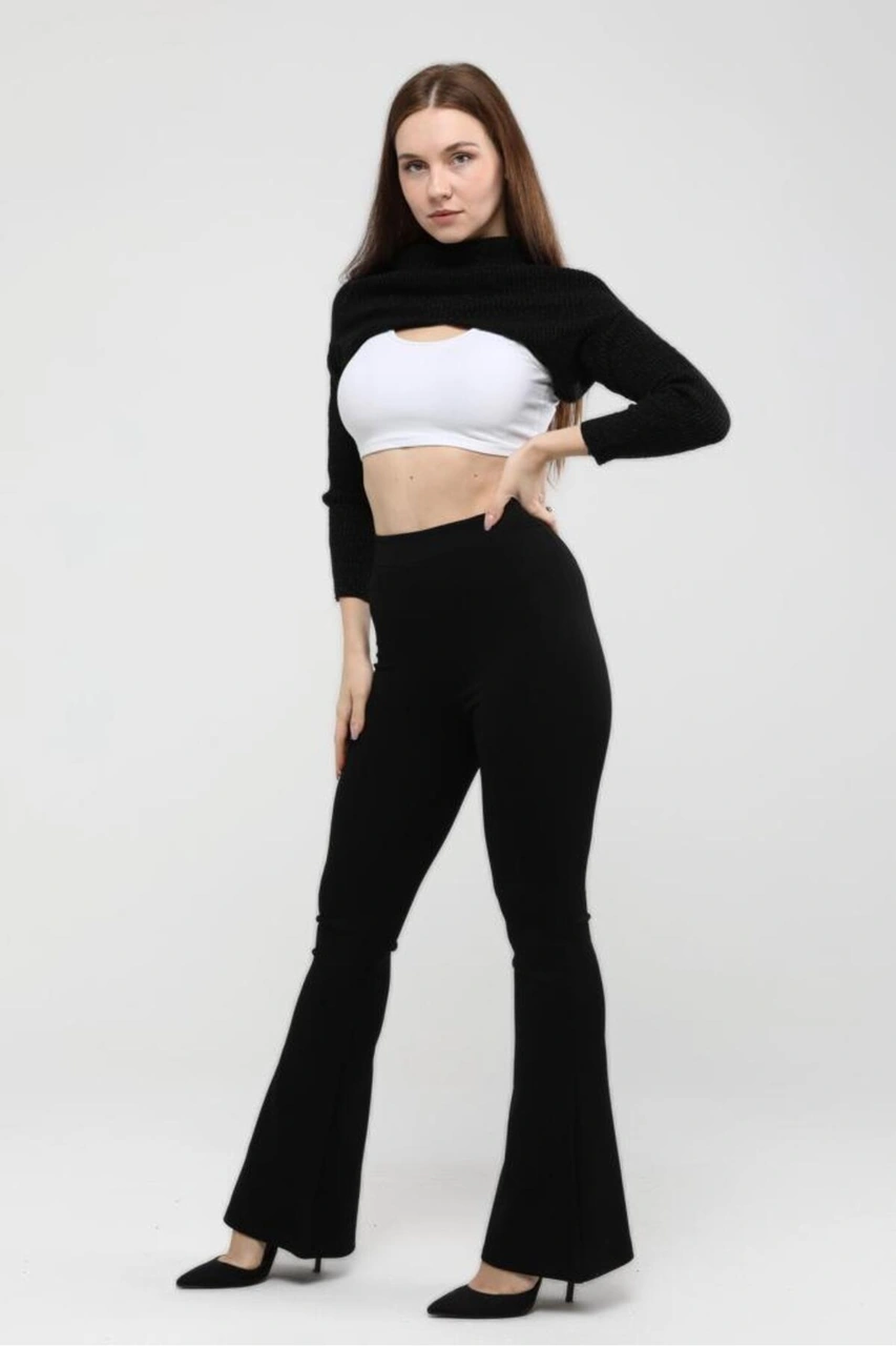 Thiff Gymwear Kadın Siyah Toparlayıcı İspanyol Paça Çelik Örme Tayt SiYAH