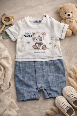 Uğur Bebe Bebessi Erkek Bebek Panda Baskılı Şambre Yazlık Tulum %100 Pamuk Şortlu Bebek Tulum Ekru Mavi Ekru Mavi