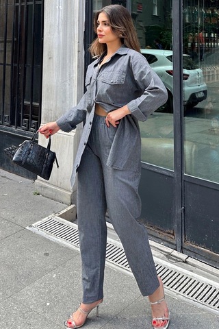 Antrasit Uzun Tunik Gömlek & Beli Lastikikli Rahat Pantolon - Yıkamalı Kot Kumaş Alt Üst Takım Antrasit