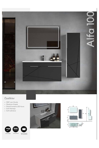 Evros Alfa 100 Cm Banyo Dolabı Boy Dolabı Dahil Gri - Siyah