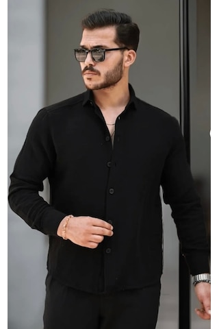 Erkek Müslin Kumaş Uzun Kol Yakalı Siyah Gömlek Siyah