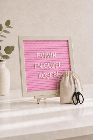 Woodart Premium Letter Board Seti, Pudra Pembe Keçe Yüzeyli Doğal Çam Ahşap Yazı Panosu Şövale Standlı Dekoratif Set