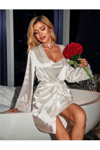 Dantel İşlemeli İnce Askılı Beyaz Saten 2'li Gecelik Sabahlık Takımı Beyaz