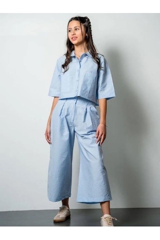 Kız Çocuk Crop Gömlek Poplin Pantolon Takım-15793 Mavi