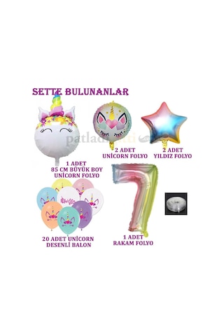 7 Yaş Gökkuşağı Konsepti Unicorn Temalı Doğum Günü Parti Kutlama Seti