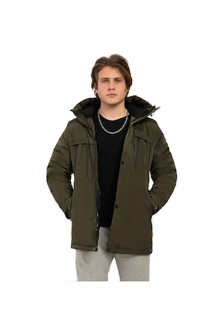 Erkek Polarlı Kürklü Su Ve Rüzgar Geçirmez Kapüşonlu Kışlık Mont & Kaban & Parka Haki