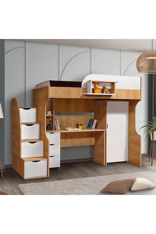 Ranza, Litera Ranza Dolap Çalışma Masası Açık Ceviz-Beyaz + 1 Adet Comfort Yatak 90 x 190 Cm