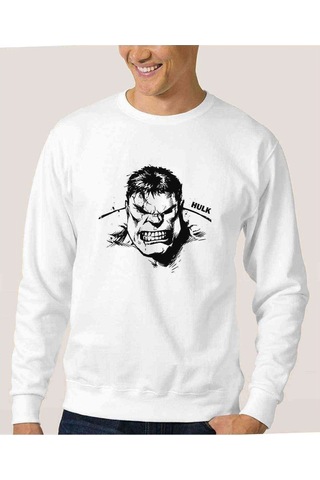 Hulk Sinirli Baskılı Beyaz Erkek Örme Sweatshirt