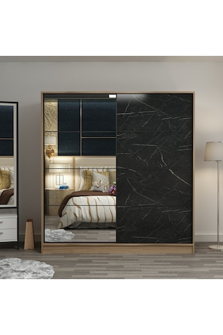 Minarmobilya Minar Kale 2 Kap.Aynalı Sürgülü Dolap 180 Cm - Dore/ Royal Mermer