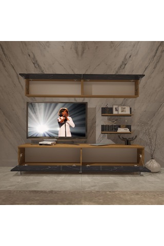 Decoraktiv Eko 5 Mdf Std Krom Ayaklı Tv Ünitesi Tv Sehpası Pera - Siyah Mermer