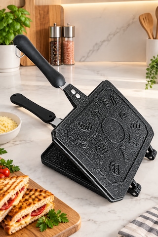 Granit Döküm Ocak Üstü El Tost Makinesi Siyah