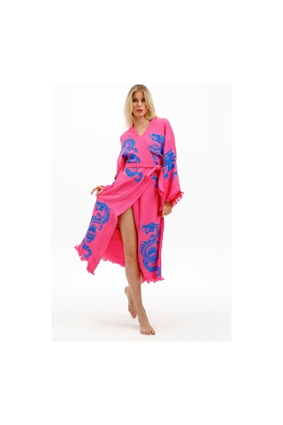 Befera Dragon Müslin Kimono Pamuklu Ejderha Baskılı Desenli Bornoz Kaftan Sabahlık Fuşya