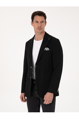 Cacharel Siyah Slim Fit Yün Karışımlı Kırlangıç Yaka Balık Sırtı Blazer Ceket