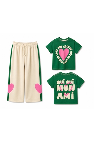 Baby Lory Kids Store Kız Çocuk Kalp Baskılı Yeşil Takım Yeşil - Krem