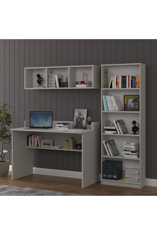 Asra Trend Çalışma Masası Seti ÇMT001 %100 MDF Kitaplıklı Raflı Ofis Takımı Kül Gri