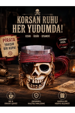 Korsan Temalı Kafatası Tasarımlı Çelik İç Hazneli Dekoratif Kupa, Doğum Günü, Hediyelik, Özel Günler Bordo