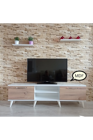 Mobilyasepeti Mobilya Sepeti (Ms 80) Mdf Tv Ünitesi Dolabı,Raflı,Beyaz,Ceviz