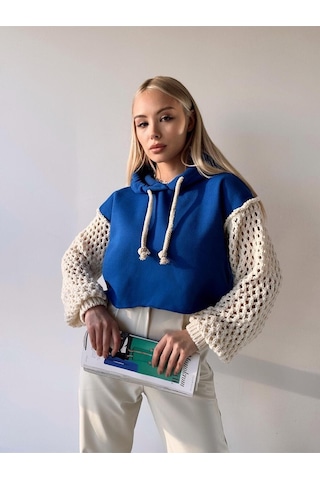 Mamayaga Kadın Kolları Triko Tasarım 3 İplik Uzun Kol Pamuk Crop Boy Şık Sweatshirt Mavi