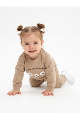 HelloBaby Pamuklu Çiçek Detaylı 2li Kız Bebek Takım Kahverengi