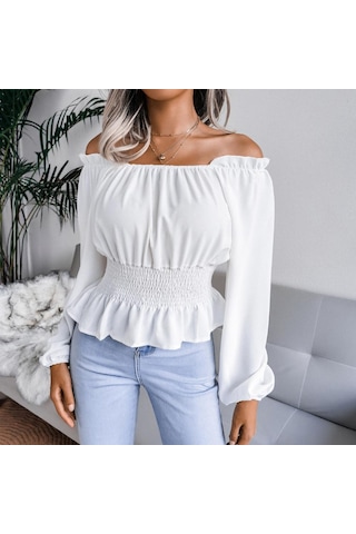 İlkbahar Ve Sonbahar Kadın Bluz Uzun Kollu Seksi Tek Boyun Straplez Hem Fırfır Şifon Bluz Tops Şarap Kırmızısı