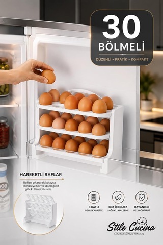 30 Bölmeli Yumurtalık - 3 Katlı Yumurta Rafı Saklama Kabı Beyaz Beyaz Çok Renkli