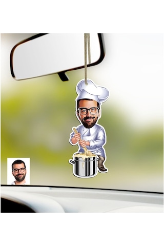Kişiye Özel Bay Aşçı Karikatürlü Ahşap Araba Dikiz Ayna Süsü