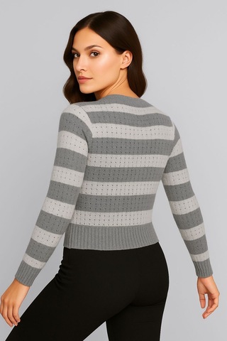 Hira Life Fashion Kadın Önü Düğmeli Ve Çift Renkli Triko Hırka Gri-beyaz Gri-beyaz