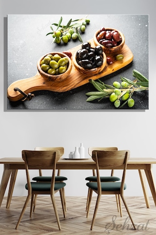 Kanvas Duvar Tablosu Yatay Lokanta Kafe Restoran Akdeniz Mutfak Siyah Yeşil Zeytin Kahvaltı Yağ